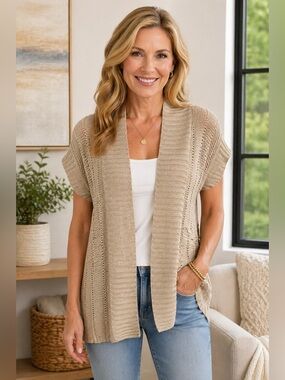 Cream Short Sleeve Open Front Cardigan S NEW